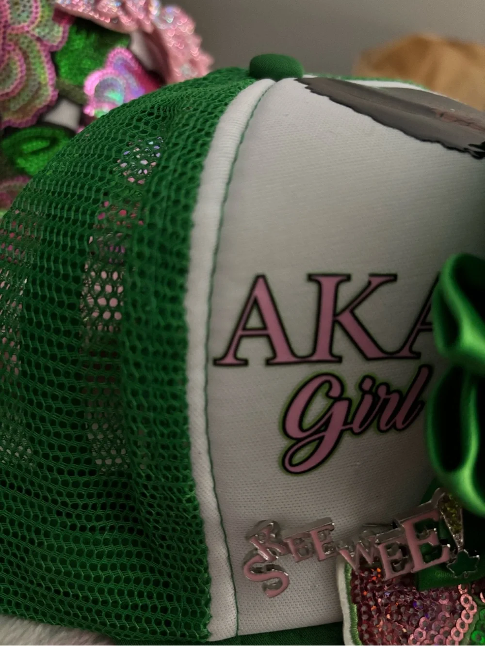 Green Trucker Hat with Pink & Green Ribbon Flower